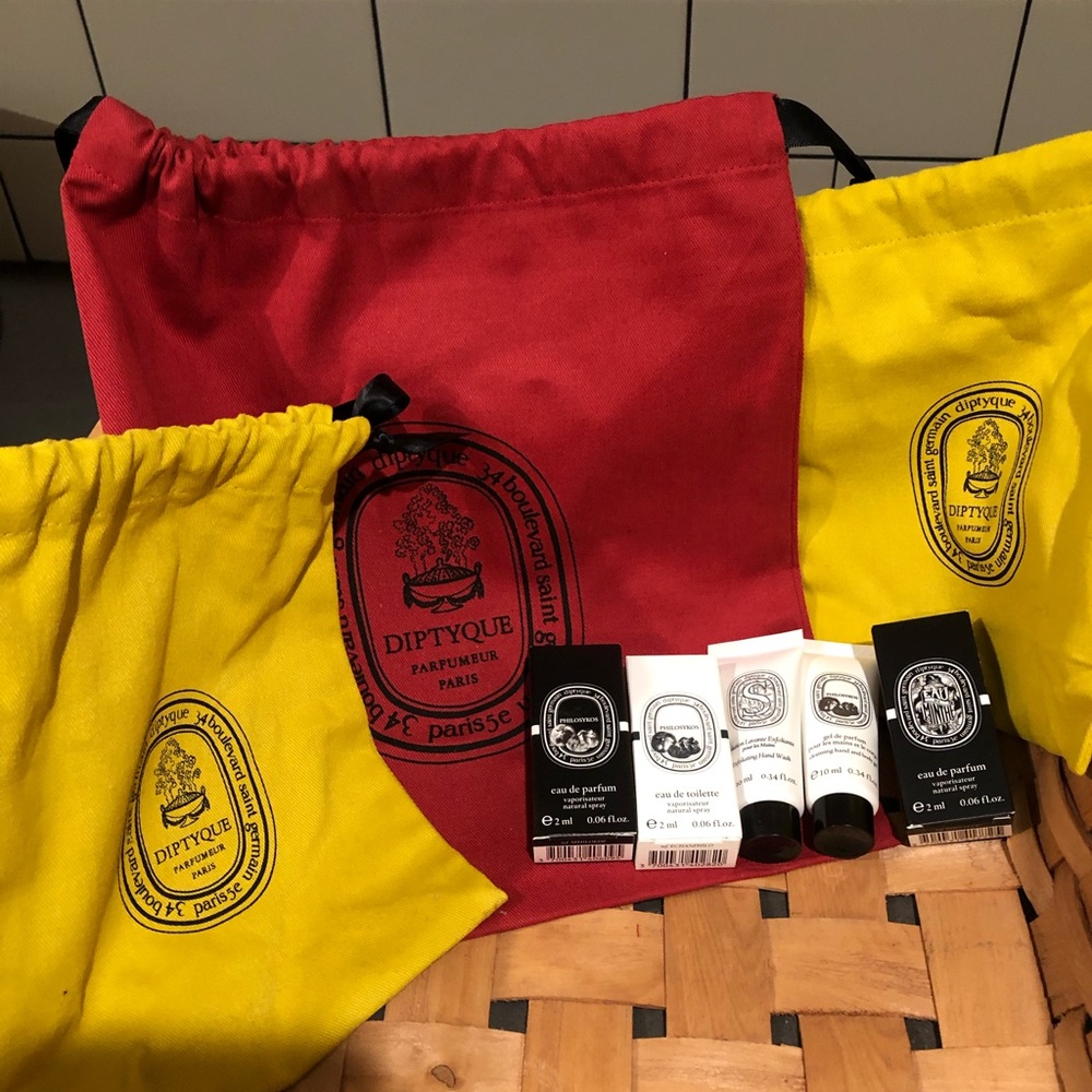 Three Diptyque Candle Bags with samples